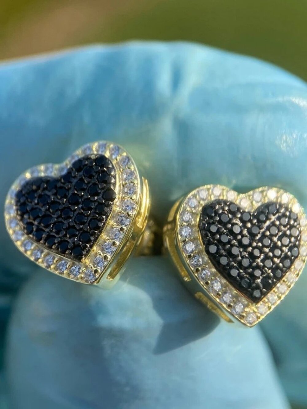 14K Gold Plated Solid 925 Sterling Silver Black Iced Heart CZ Earrings